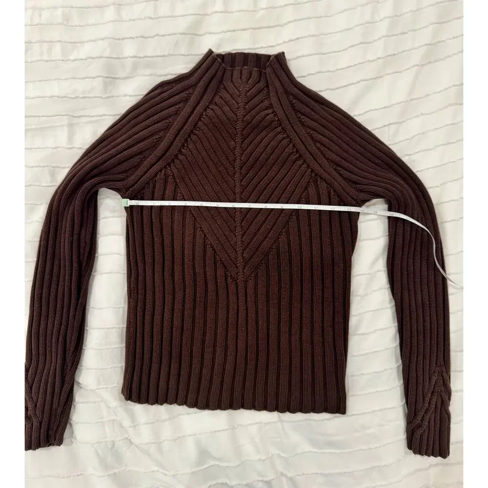 Ribbed Mock Neck Sweater Women's Small Brown Cotton Dark Academia Minimalist - Picture 5 of 16